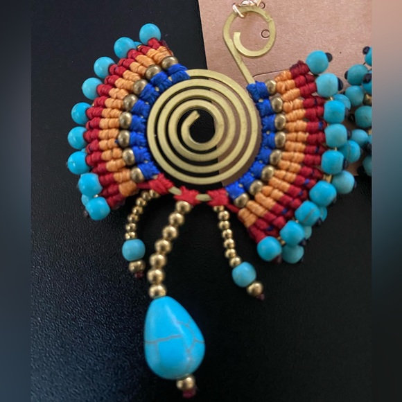 NEW Turquoise, Red, Orange, Colorful Earrings Made with Beads, String, and Metal - Picture 3 of 4